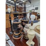 A PAIR OF POTTERY BALUSTER VASES AS LAMPS TOGETHER WITH FOUR OTHER TABLE LAMPS