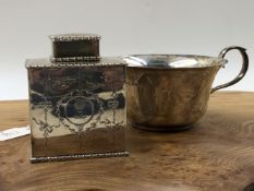 HALLMARKED SILVER TO INCLUDE A TWO HANDLED PORRINGER, AND A REGENCY STYLE SQUARE TEA CADDY DATED