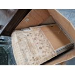 A BOX OF VARIOUS DECORATIVE PRINTS AND PAINTING AND A UNFRAMED SAMPLER