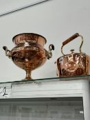 A VICTORIAN COPPER KETTLE, A TEA URN, AND A VERY LARGE PAIR OF BRASS CANDLESTICKS.