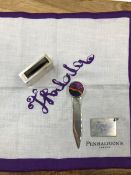 A PENHALIGON'S 925 STAMPED ENVELOPE TAG, TOGETHER WITH A BRANDED HANKIE SQUARE, A HALLMARKED