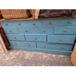 A MODERN PAINTED BLUR PINE TOPPED MULTI DRAWER CHEST