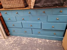 A MODERN PAINTED BLUR PINE TOPPED MULTI DRAWER CHEST