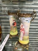 A PAIR OF LARGE LATE 19th C. HAND PAINTED WASTED VASES WITH GILT METAL MOUNTSSIGNED L. DEGLISS.