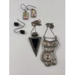 A QUANTITY OF SILVER JEWELLERY TO INCLUDE TWO LARGE UNUSUAL PENDANTS, AND TWO PAIRS OF DROP