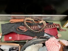 THREE CARTRIDGE BELTS, A GUN SLEEVE TOGETHER WITH A LEATHER SHOTGUN CASE