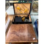 TWO VINTAGE LEATHER DRESSING CASES TOGETHER WITH EBONY AND OTHER DRESSING TABLE ITEMS.
