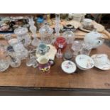 A SMALL COLLECTION OF ANTIQUE AND LATER CUT GLASS, A CRANBERRY BOWL, ORIENTAL TEA POT, DOULTON PANSY