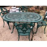 A GREEN PAINTED CAST ALLOY GARDEN TABLE AND FOUR CHAIRS