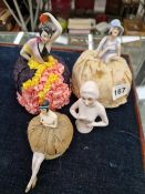 THREE VINTAGE PIN CUSHIONS, THE BODIES CHINA DOLLS AND ONE DOLL ONLY