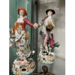 A PAIR OF LARGE PORCELAIN FIGURINES WITH CHELSEA ANCHOR MARK.