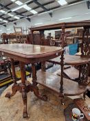 A VICTORIAN WALNUT SMALL TABLE A THREE TIER WOT-NOT AND A EASTERN FOLDING STAND.