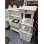 A SMALL WATERFALL BOOKCASE A BOX STOOL AND TWO OCCASIONAL TABLES