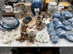 WEDGWOOD BLUE JASPER WARES, ANGEL AND OTHER FIGURES, A DOMINO SET, TWO TIN PLATE TOYS, AN ORIENTAL