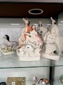FIVE VARIOUS 19th C. STAFFORSHIRE FIGURES INCLUDING A ZEBRA AND THE LION SLAYER.