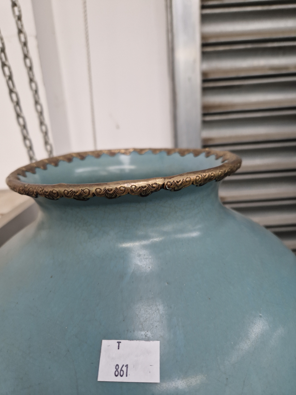 A PAIR OF OREINTAL EGGSHELL BLUE CRACKLE GLAZE BRASS MOUNTED LARGE VASES. - Image 3 of 4