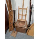 AN ARTS AND CRAFTS COPPER COAL BOX, FOUR WARMING PANS, A EASEL ETC.