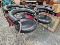 SIX RETRO LEATHER AND CHROME SWIVEL ARM CHAIRS