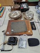 ELECTROPLATE VEGETABLE TUREENS, CASED CUTLERY, A COPPER KETTLE, A BIERETTE CAMERA, A RADIO, ETC.