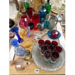 TWO COLOURED PINCH GLASS DECANTERS, OTHER COLOURED GLASS, BIRD ORNAMENTS, INDONESIAN FIGURE ETC.
