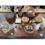 AFRICAN BASKETWORK, A PAIR OF CARVED WOOD FIGURES, TABLE BELLS, A PAIR OF OPERA GLASSES, SEA SHELLS,