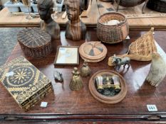 AFRICAN BASKETWORK, A PAIR OF CARVED WOOD FIGURES, TABLE BELLS, A PAIR OF OPERA GLASSES, SEA SHELLS,
