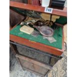 A MAHOGANY CASED PART CUTLERY SET, A POCKET WATCH, COMMORATIVE CROWN AND A TIN BOX ETC