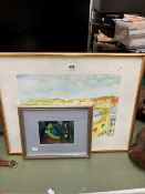 A WATERCOLOUR OF CANNES SEAS FRONT TOGETHER AN ABSTRACT PICTURE