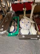 VARIOUS VINTAGE TUREENS, TWO TABLE LAMPS AND A FISH KETTLE