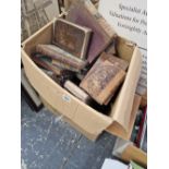 A QUANTITY OF LEATHER BOUND AND OTHER ANTIQUARIAN BOOKS TOGETHER WITH TWO PRINTS