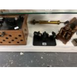 A VINTAGE REFRACTION PRISM, A POTENTIOMETER, A VACUUM PUMP AND OTHER SCIENTIFIC APPARATUS.