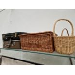 VARIOUS SUITCASES AND A WICKER HAMPER