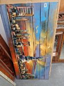 AN UNUSUAL PAINTED WOOD AND CUT METAL PICTURE NEW YORK SKYLINE