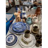 TWO SYLVAC TERRIERS, PRICE AND OTHER CERAMIC JUGS, GLASS WARES, SPODES ITALIAN AND OTHER BLUE AND