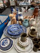 TWO SYLVAC TERRIERS, PRICE AND OTHER CERAMIC JUGS, GLASS WARES, SPODES ITALIAN AND OTHER BLUE AND