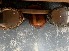 TWO MIRRORS IN GILT FRAMES TOGETHER WITH A PARQUETRIED WOODEN TRAY