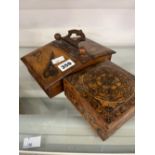 A ANTIQUE TONBRINGE WARE INLAID BOX, TOGETHER WITH AN INLAID OLIVE WOOD SEWING BOX.