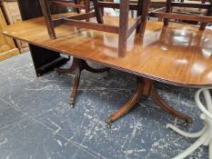 A VINTAGE SOLID MAHOGANY TWIN PILLAR DINING TABLE WITH SINGLE LEAF