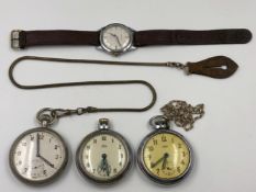 THREE CHROME POCKET WATCHES TO INCLUDE TWO SMITHS EMPIRE EXAMPLES, AND A MILITARY EXAMPLE,