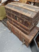 A VINTAGE PAPER GUILLOTINE AND THREE VINTAGE CABIN TRUNKS