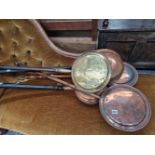 FIVE ANTIQUE COPPER AND BRASS WARMING PANS