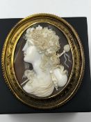 A 19th CENTURY PORTRAIT CAMEO IN AN UNMARKED BROOCH FRAME, ASSESSED AS 18ct GOLD. MEASUREMENTS 5.7 X