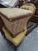 A VICTORIAN NURSING CHAIR TOGETHER WITH A ANTIQUE BOX STOOL.