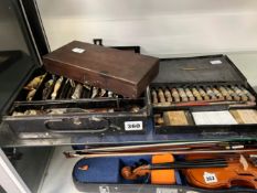 THREE VINTAGE PAINT PALLET BOXES.