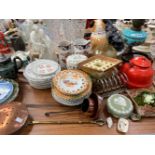 AN OIL LAMP, A FIGURE OF SHAKESPEARE, RIBBON PLATES, TILES, A COPPER CHESTNUT ROASTER, ETC.