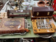 AN 1838 MISSALE ROMANUM WITH STEVENGRAPH TYPE BOOK MARKERS, VARIOUS BOXES, AN ELECTROPLATE TRAY, A