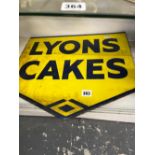 A DOUBLE SIDED VINTAGE LYONS CAKES ENAMEL SIGN.