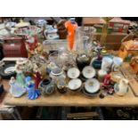 A BRASS TABLE LAMP, A GLASS LUSTRE CANDLESTICKS, A SHIP IN A BOTTLE, COALPORT AND OTHER FIGURES, A