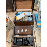 A VINTAGE BOXED PART DOMINOE SET TOGETHER WITH A VICTORIAN WALNUT SEWING BOX AND CONTENTS