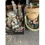 CERAMIC FIGURES, TWO BASKETS, WEDGWOOD GREEN JASPER WARES, ETC.